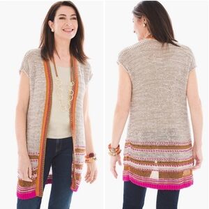 NWT Chico's Boho Tan Pink Metallic Crochet Knit Open Front Tunic Cardigan XL